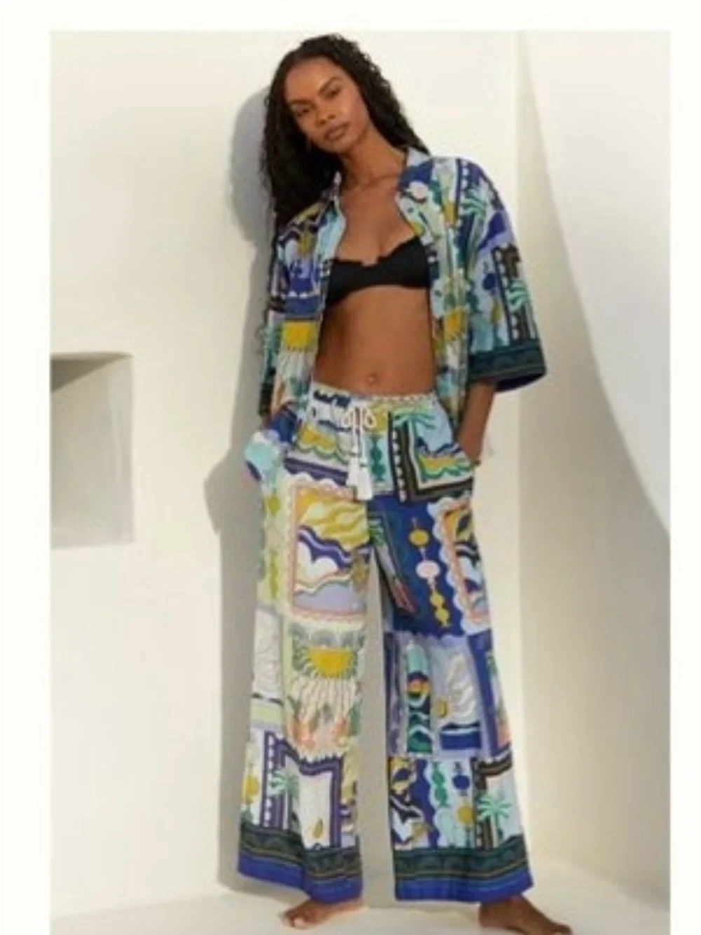 Anthropologie Novelty Resort Print Linen Vacation Pajama & Shirt Matching Set M